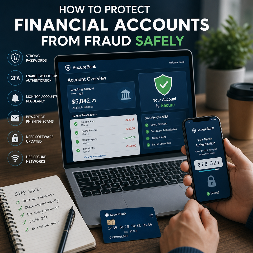 Person using a laptop with a lock icon, symbolizing secure authentication and protection from financial account fraud