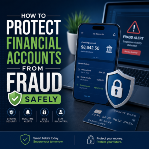 Illustration of secure financial account protection with strong password, alerts, and fraud prevention icons
