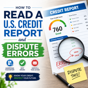 Illustrated credit report showing highlighted errors and dispute process steps
