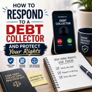 Person reviewing debt collection notice with checklist and shield icon, illustrating how to respond to a debt collector.