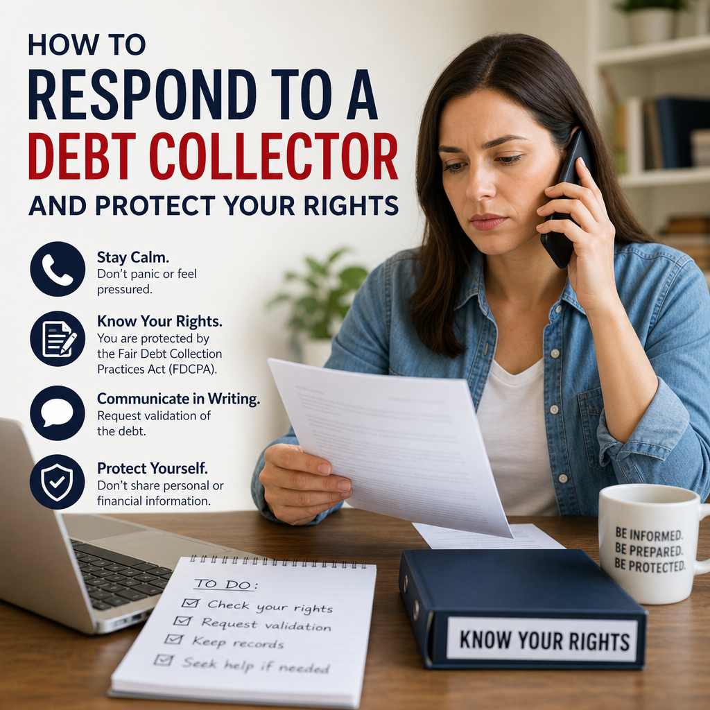 Woman on phone reading documents with debt collection response tips and rights protection