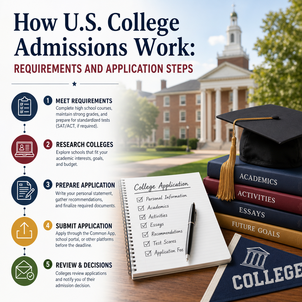 Infographic showing U.S. college admissions steps, requirements, and application tips.