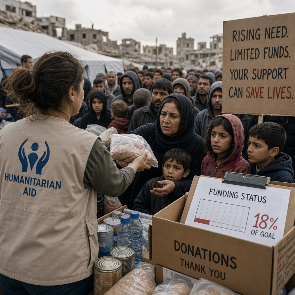 Aid worker distributing food to a crowd beside a donation box showing 18% funded