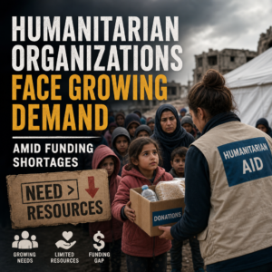 Humanitarian workers distribute aid to people in need amid rising demand and limited funding.