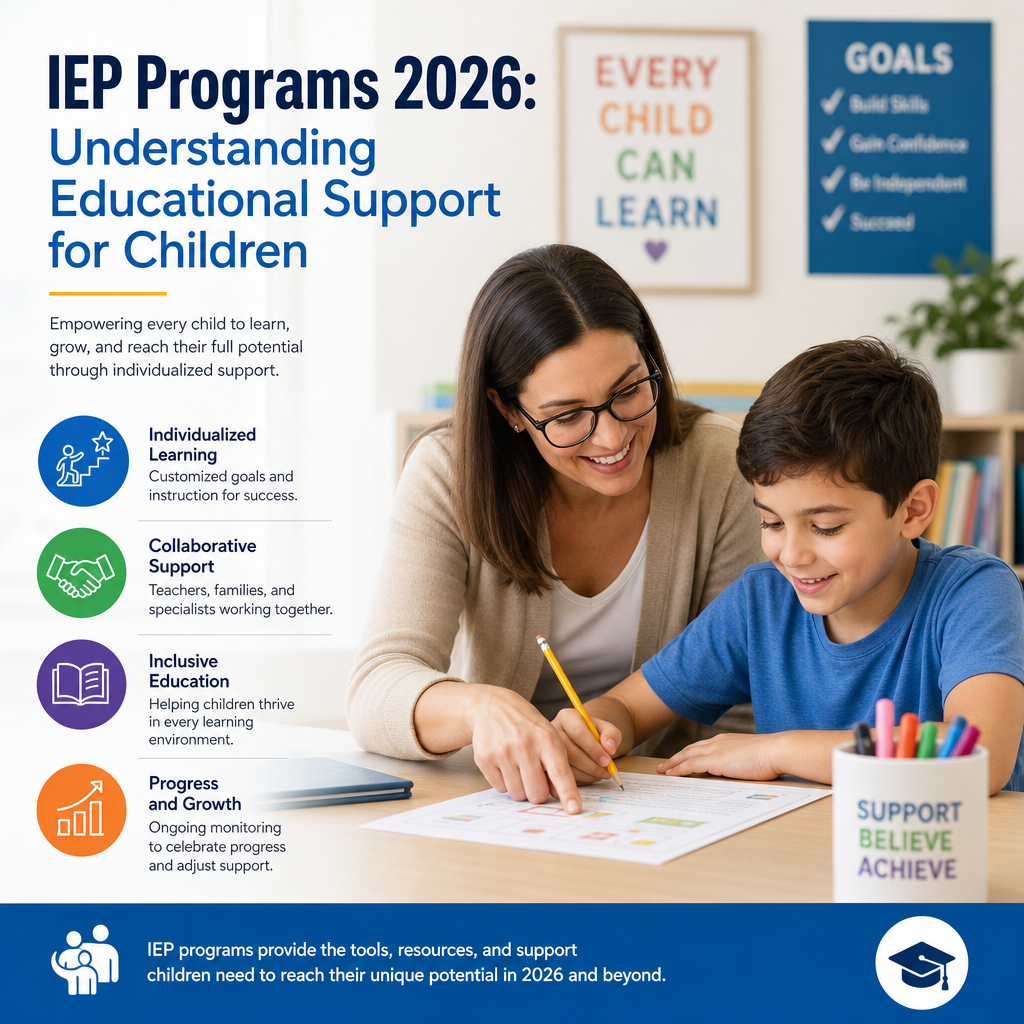 Illustration of an IEP Programs 2026 guide supporting individualized education plans for children.