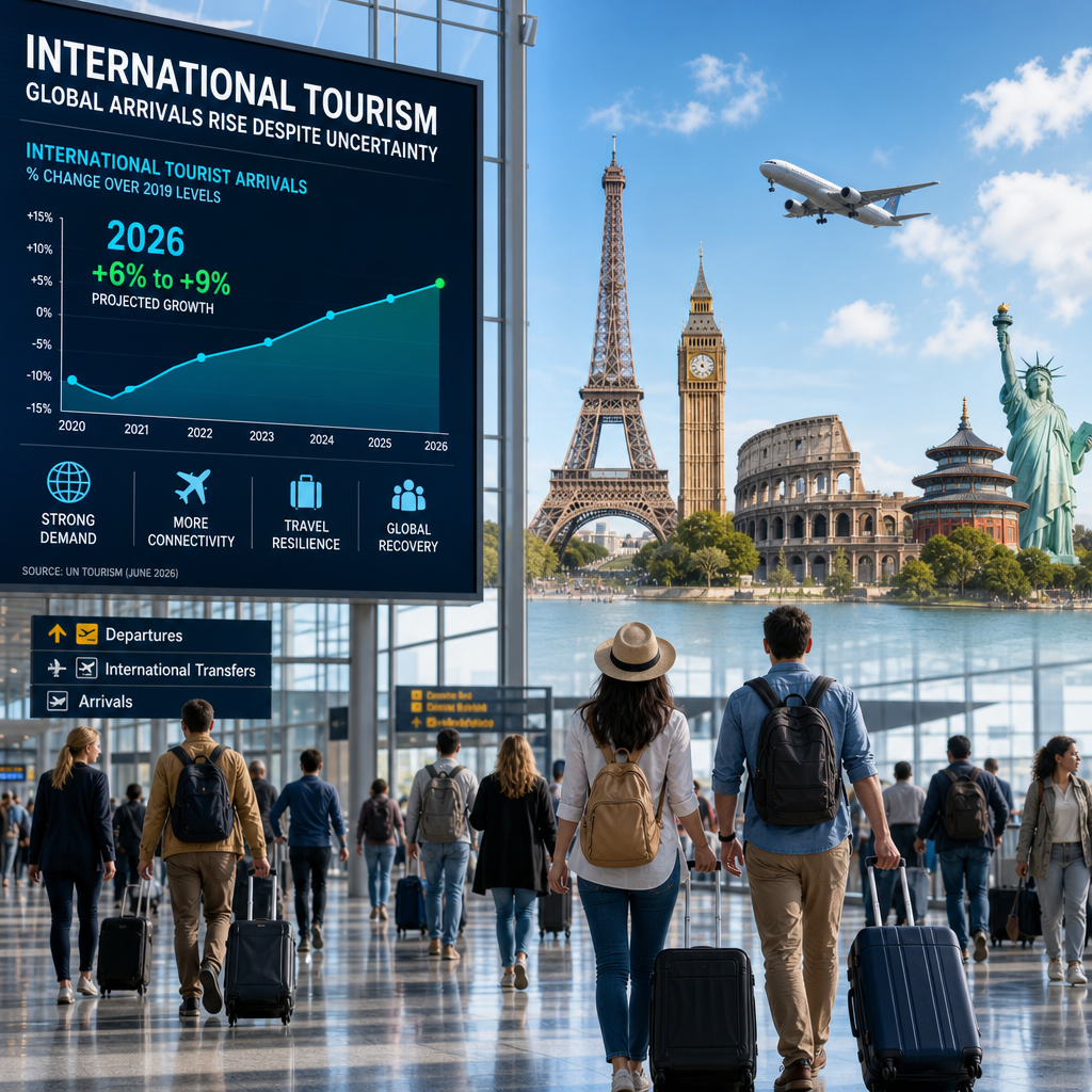 Travelers at an airport with global landmarks, showing rising international tourism in 2026