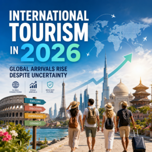 Illustration of rising international tourism in 2026 with travelers and iconic global landmarks