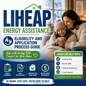 LIHEAP energy assistance poster showing help with heating, electric, cooling bills, and crisis support