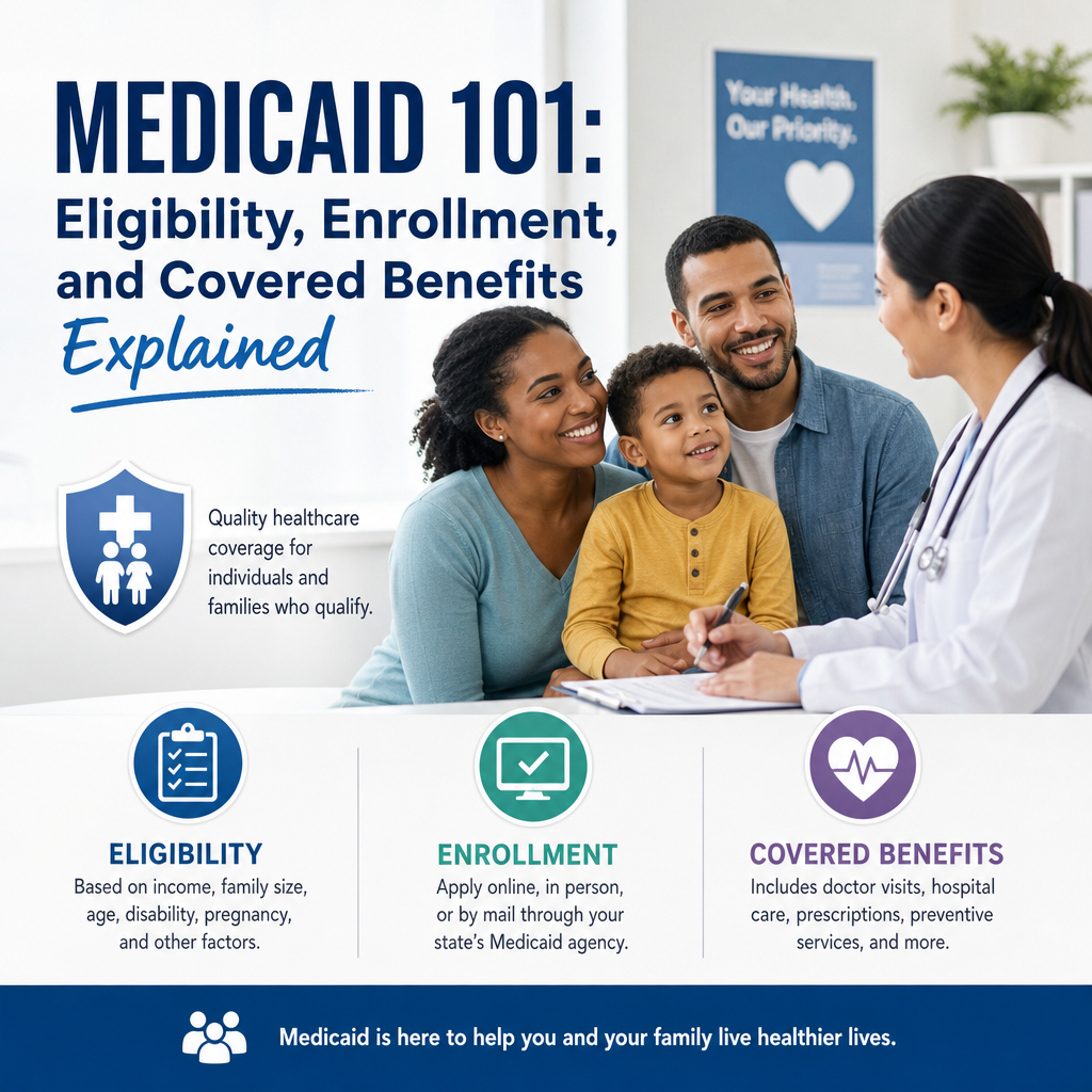 Illustration of Medicaid eligibility, enrollment, and covered health benefits guide