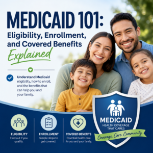 Happy family with text about Medicaid 101: eligibility, enrollment, and covered benefits explained