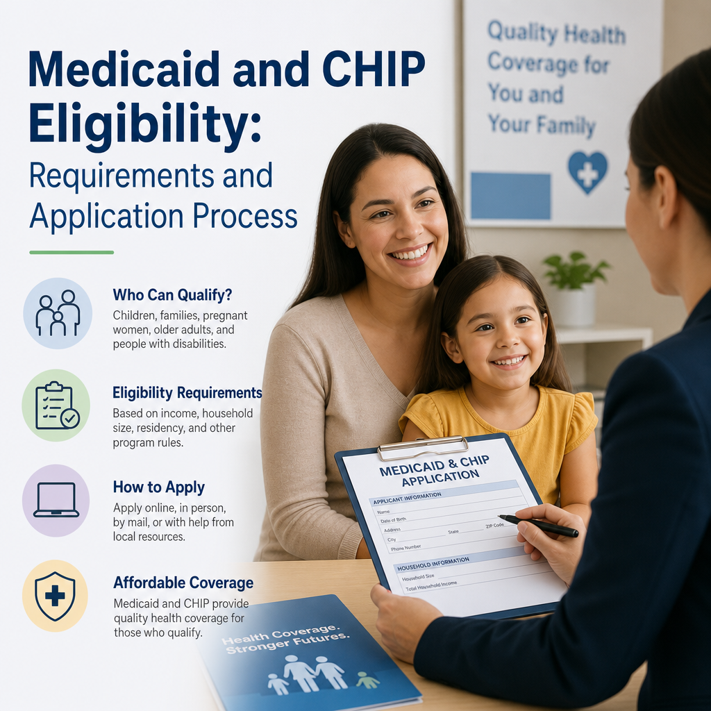 Family consulting a healthcare advisor about Medicaid and CHIP eligibility requirements and application process