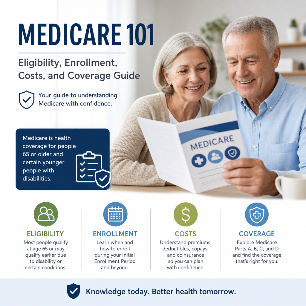 Happy senior couple reading a Medicare 101 guide about eligibility, enrollment, costs, and coverage.