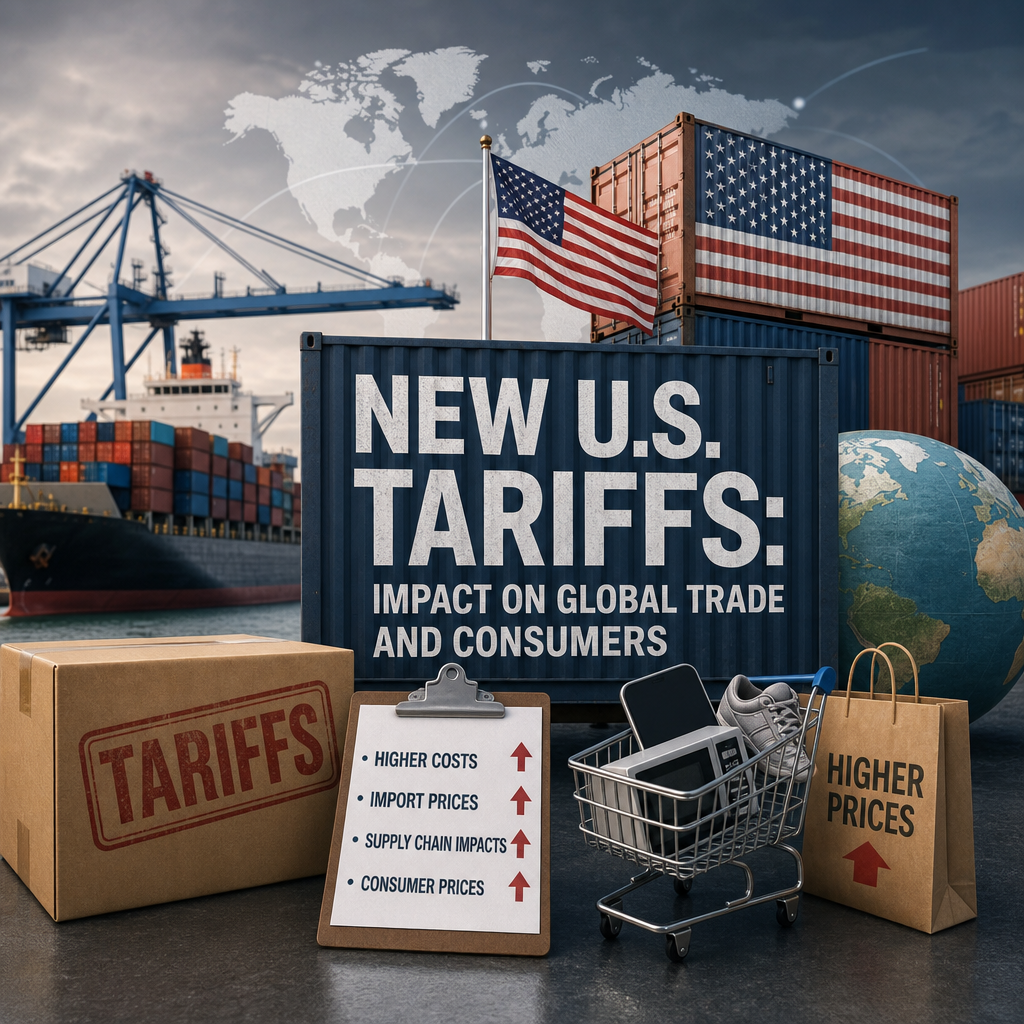 Shipping containers with American flags and a sign on new U.S. tariffs, global trade, and consumer prices