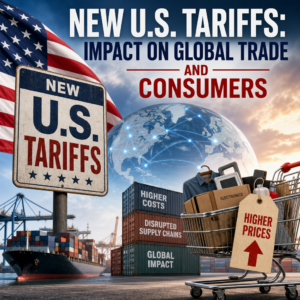 Globe with shipping containers and rising price chart showing new U.S. tariffs affecting trade and consumers