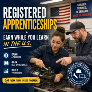 Apprentice in hard hat learns on the job with tools and mentor, representing paid training in the U.S.