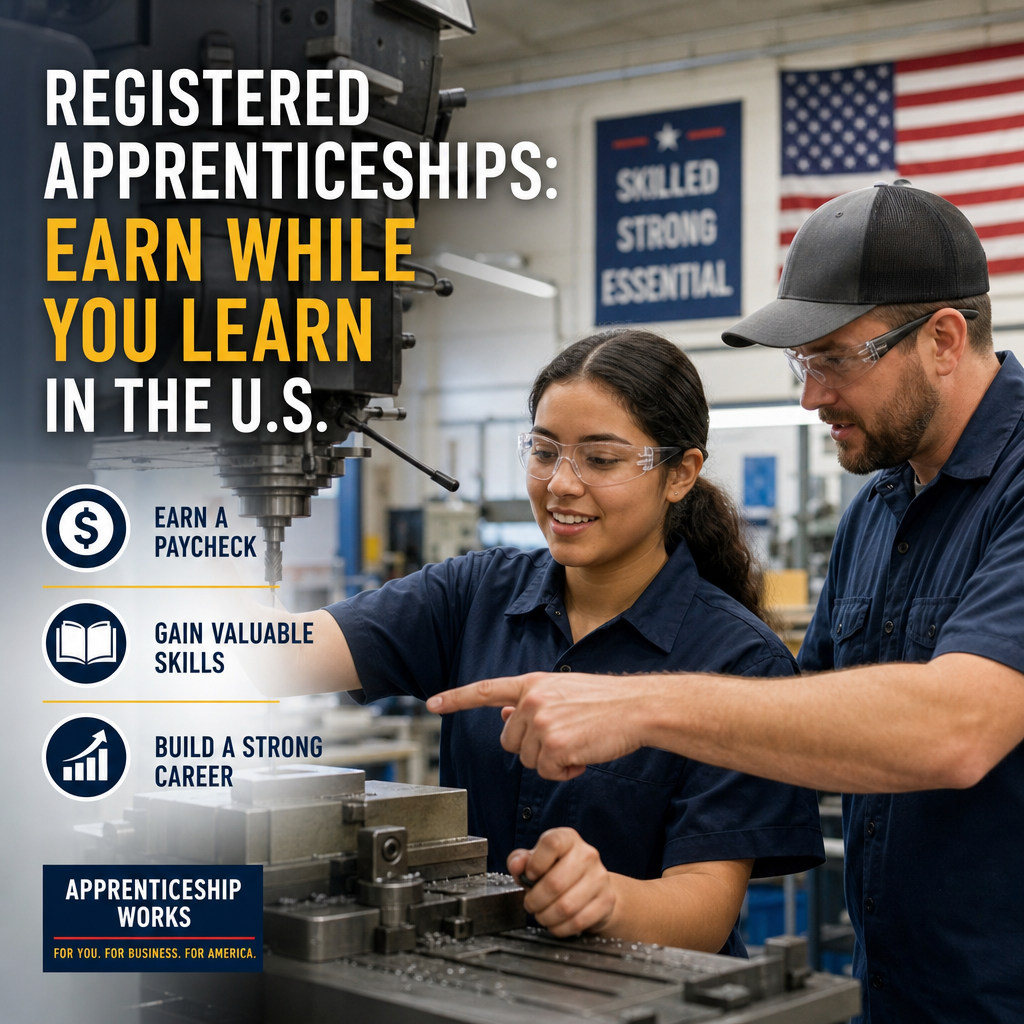 Apprentice learning on the job in a U.S. Registered Apprenticeship program, earning wages and skills