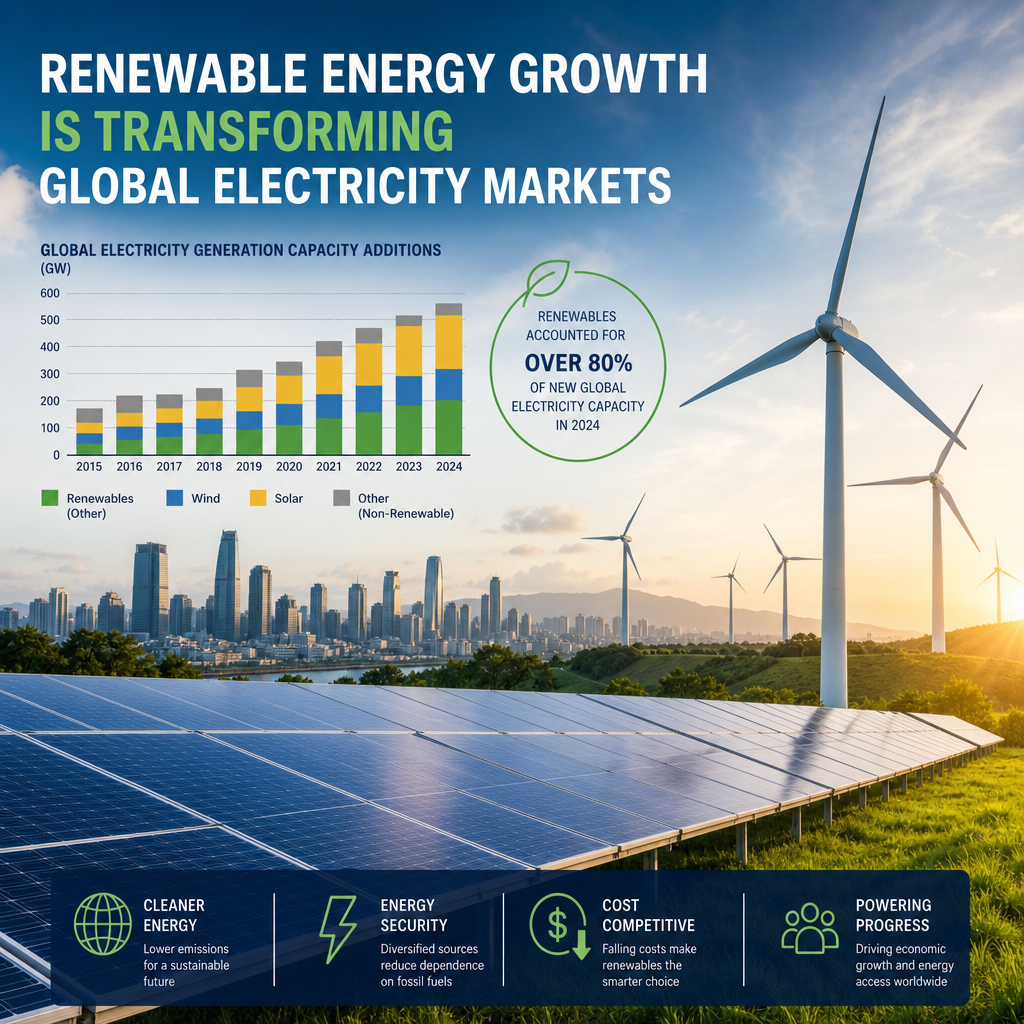 Wind turbines and solar panels symbolize renewable energy growth transforming global electricity markets.