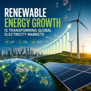 Wind turbines and solar panels powering renewable energy growth in global electricity markets