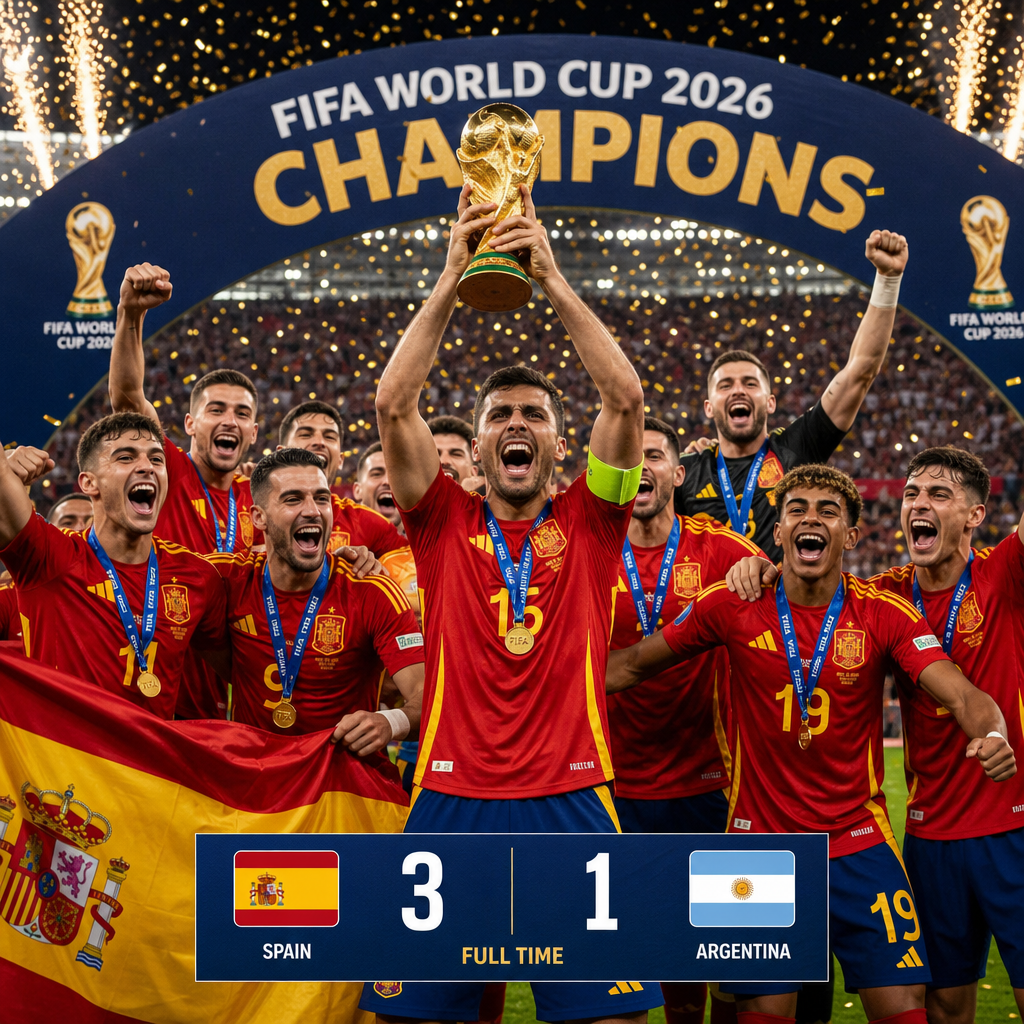 Spain players celebrate their 3-1 World Cup final win over Argentina with the trophy.