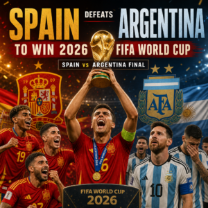 Spain players celebrate after defeating Argentina in the 2026 FIFA World Cup final.