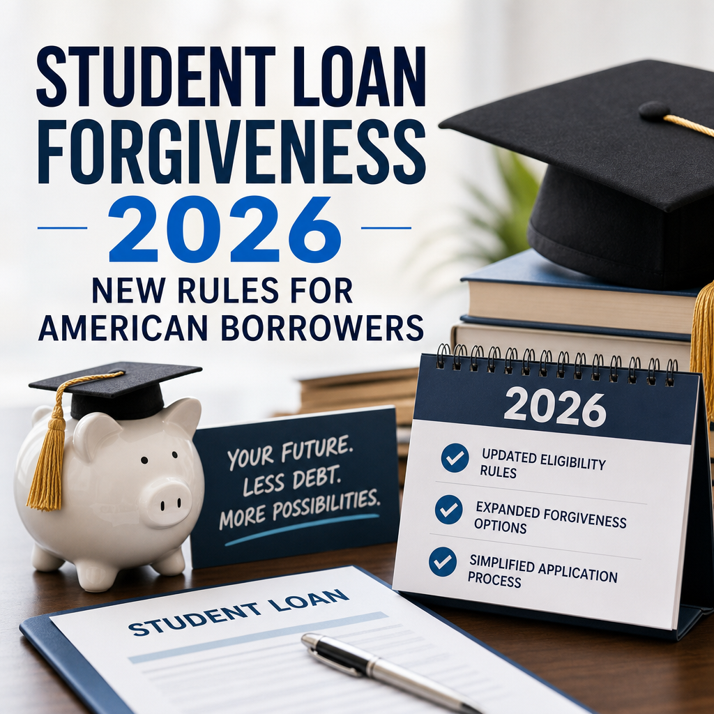 Illustration of 2026 student loan forgiveness rules, eligibility updates, and a simplified application process for borrowers