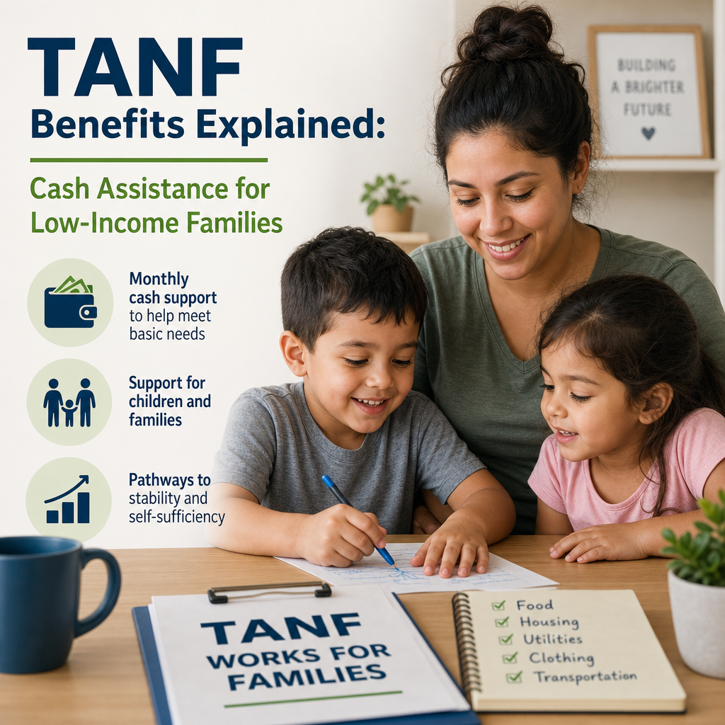 Illustration of TANF benefits cash assistance helping a low-income family with rent, food, and child care