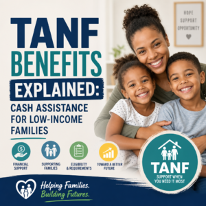 Illustration of TANF benefits, showing cash assistance and support for low-income families