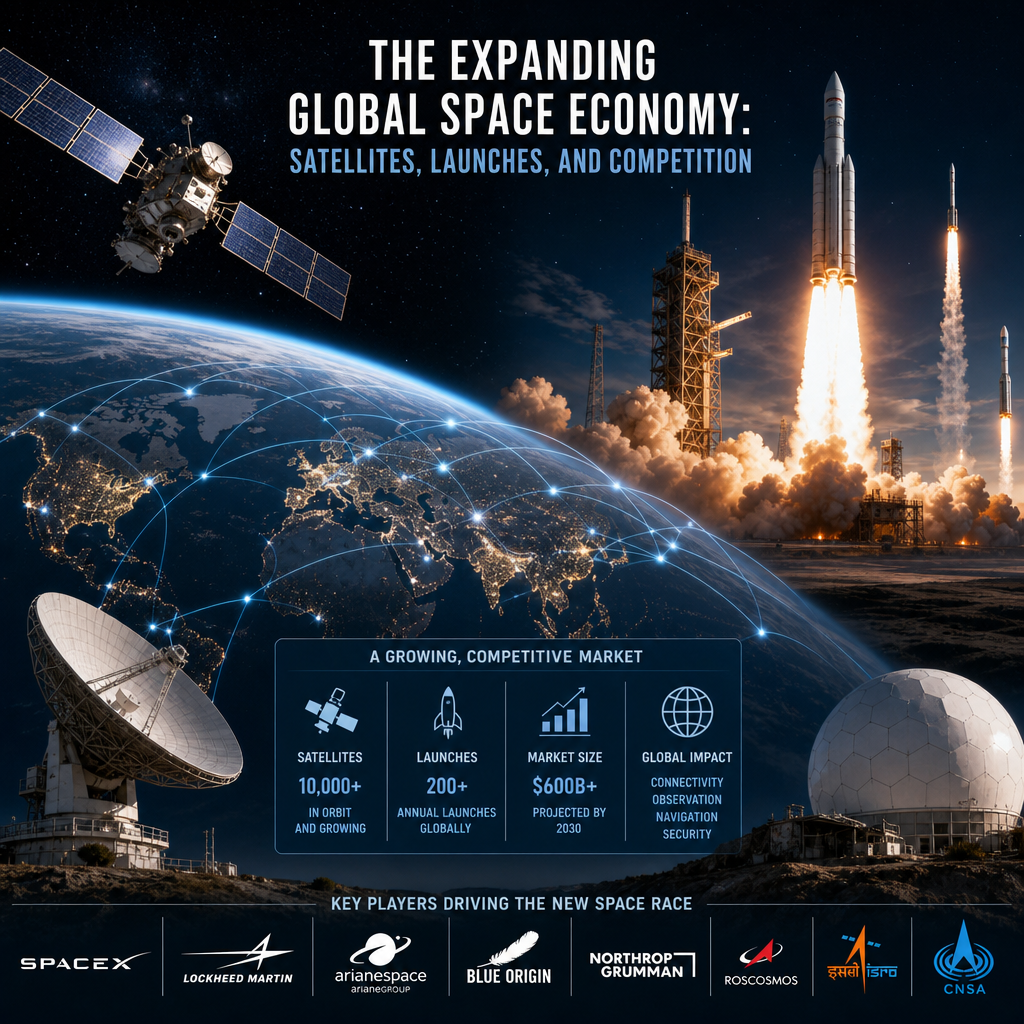 Satellites and rocket launches orbiting a globe, showing growth in the global space economy.