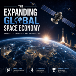 Illustration of satellites and rocket launches showing competition in the global space economy