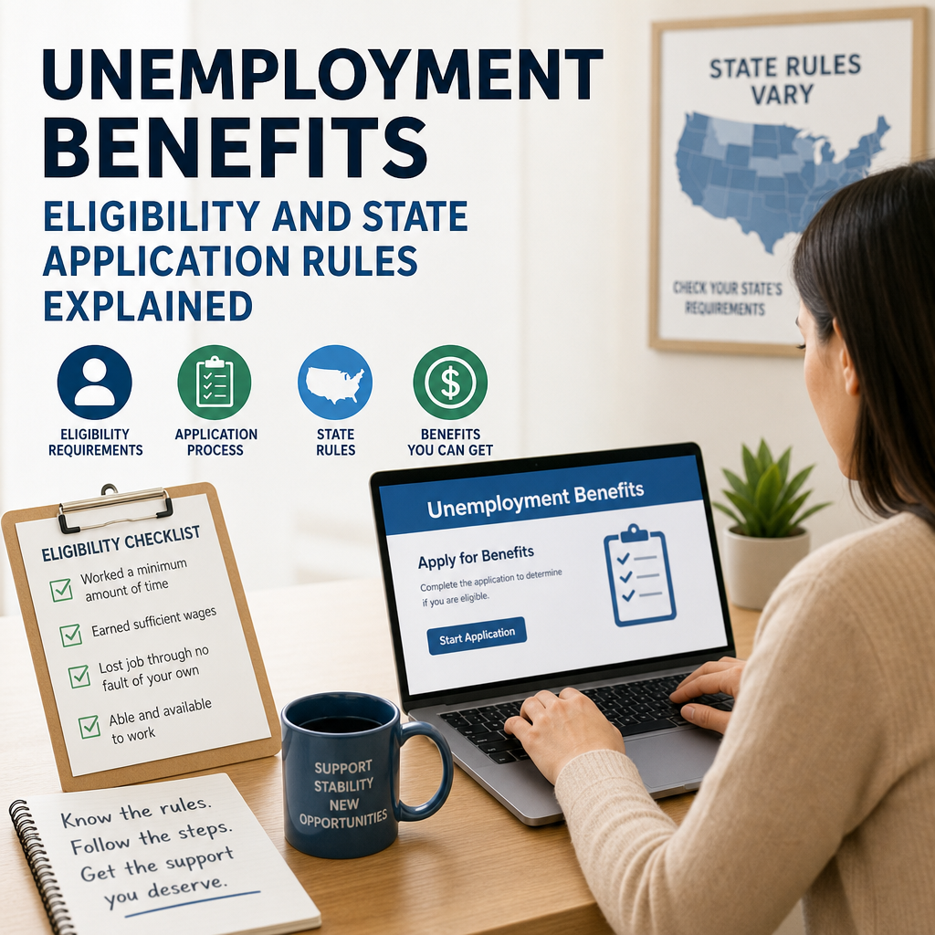 Woman researching unemployment benefits eligibility and application rules on a laptop