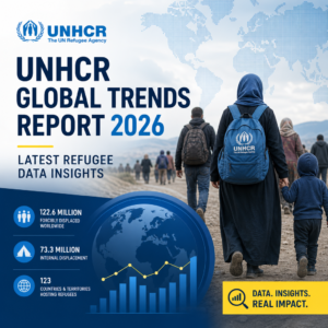UNHCR Global Trends Report 2026 showing worldwide refugee and displacement statistics in a data dashboard