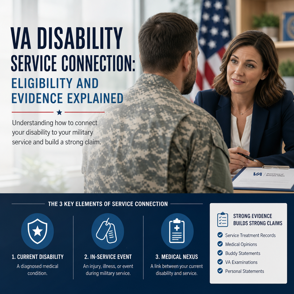 Illustration of VA disability service connection eligibility and evidence for veterans filing a claim