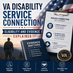 Infographic on VA disability service connection eligibility and evidence for veterans