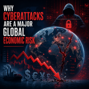 Hacker, world map, and falling financial symbols illustrating cyberattacks as a global economic risk
