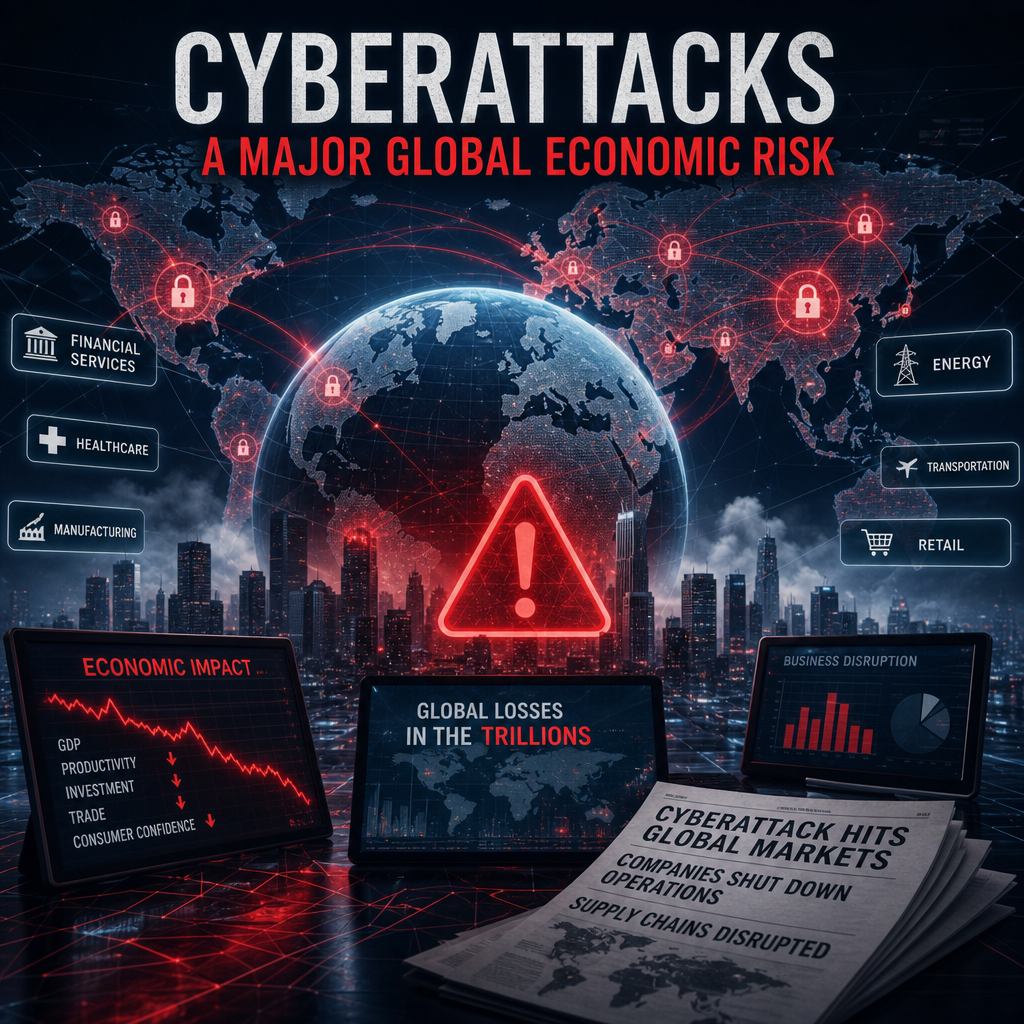 Infographic showing cyberattacks as a global economic risk affecting industries, supply chains, and markets
