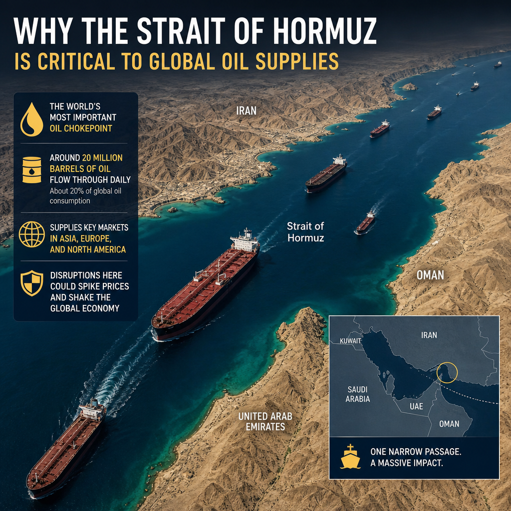 Infographic showing the Strait of Hormuz as a critical chokepoint for global oil supplies and the economy