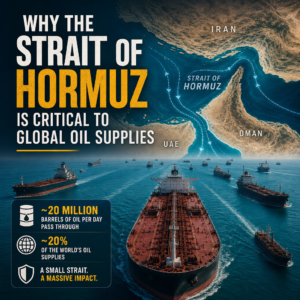 Infographic showing the Strait of Hormuz as a critical chokepoint for global oil tanker traffic and energy supply