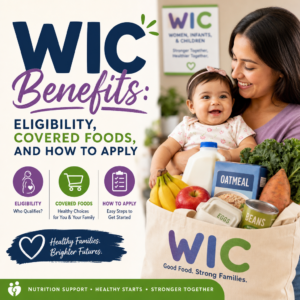 Mother holding baby beside WIC benefits overview on eligibility, covered foods, and application steps