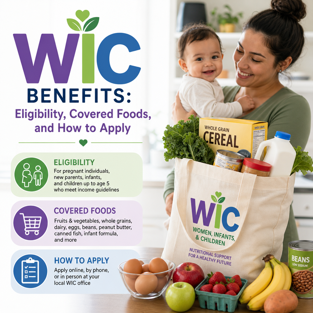Infographic about WIC benefits, including eligibility, covered foods, and how to apply